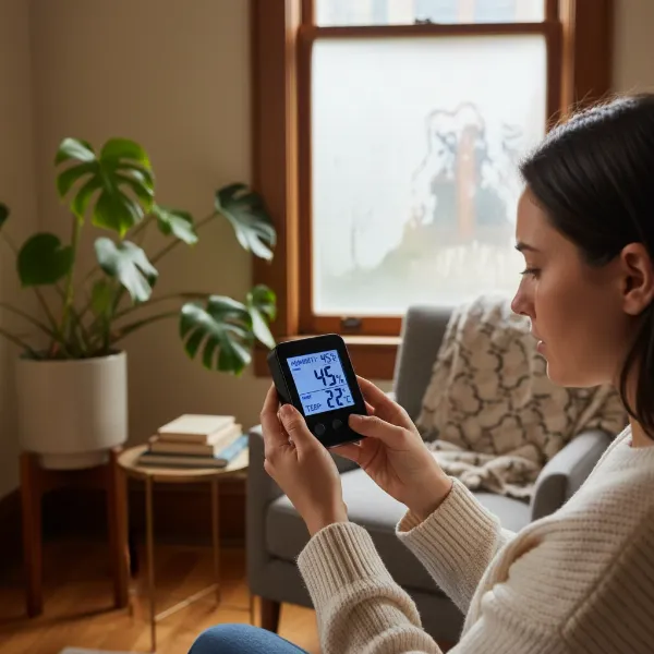 A person looking thoughtfully at a digital hygrometer's reading in a home, with subtle visual cues for healthy or problematic humidity.