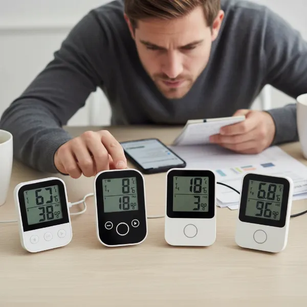 Person comparing digital hygrometers for purchase, highlighting features