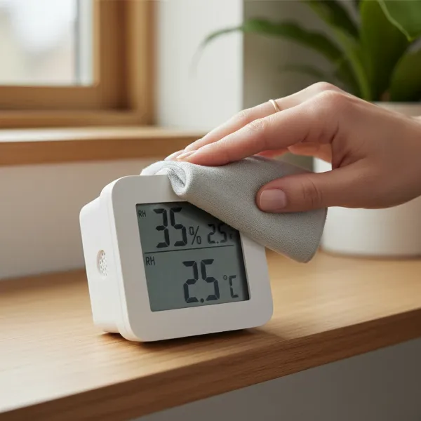 Hand demonstrating proper care of a digital hygrometer, cleaning it with a soft cloth while placed correctly on a shelf