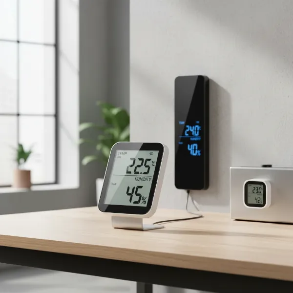 A collection of various digital hygrometers suitable for a desk, including a compact desktop model, a slim wall-mountable version, and a small portable unit, all displaying temperature and humidity.