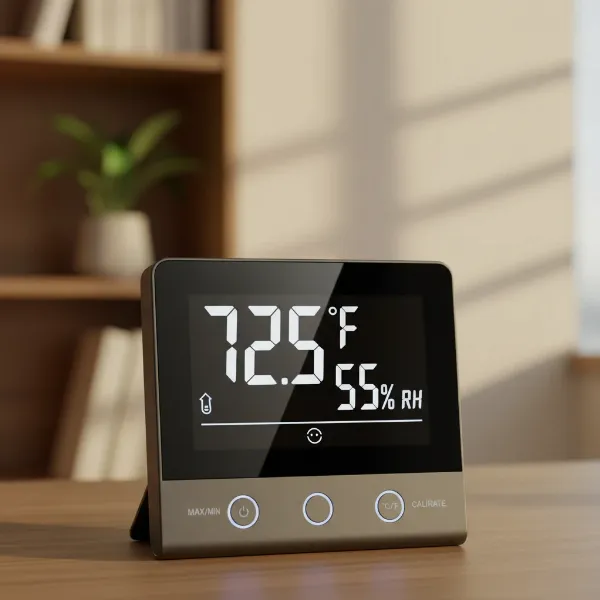 A digital hygrometer's display showing temperature, humidity, and comfort levels, alongside buttons for features.