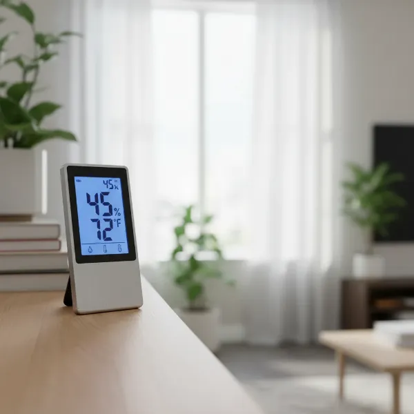 Digital hygrometer displaying humidity and temperature in a modern living room setting