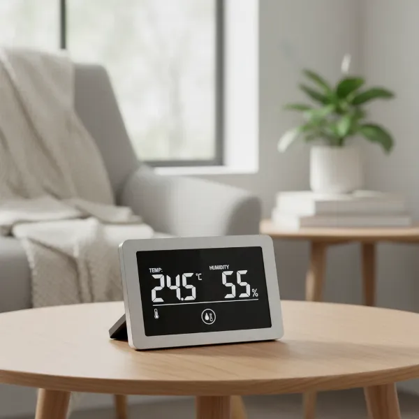 Digital hygrometer monitoring indoor humidity and temperature in a modern living room setting