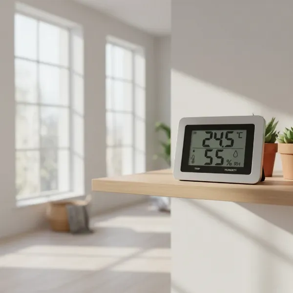 Digital hygrometer displaying temperature and humidity in a modern home living room