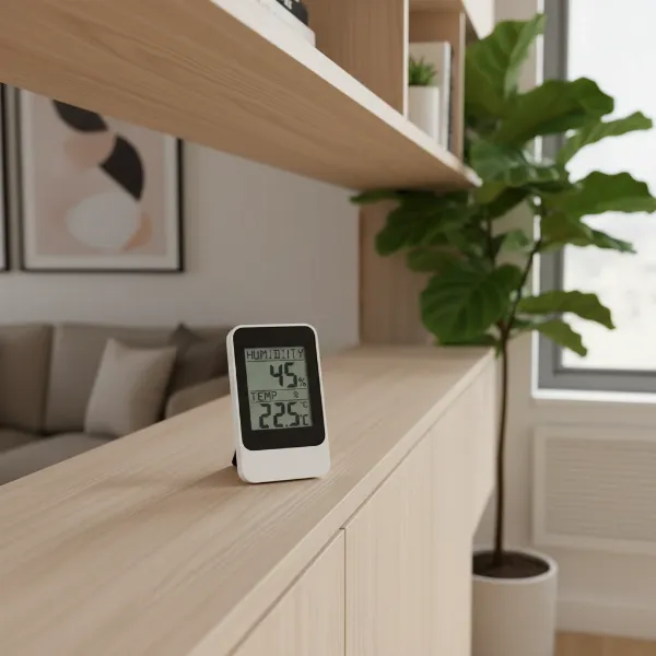 A digital hygrometer placed on a wooden shelf in a modern living room, demonstrating ideal placement away from windows