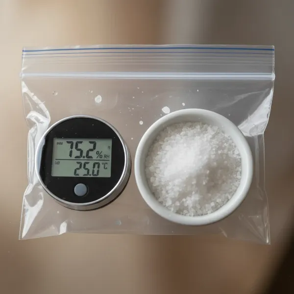 A digital hygrometer undergoing a salt test for calibration inside a clear sealed plastic bag with a small dish of damp salt.