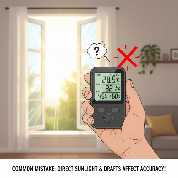 Hand holding a digital hygrometer near an open window, illustrating poor placement leading to inaccurate readings.