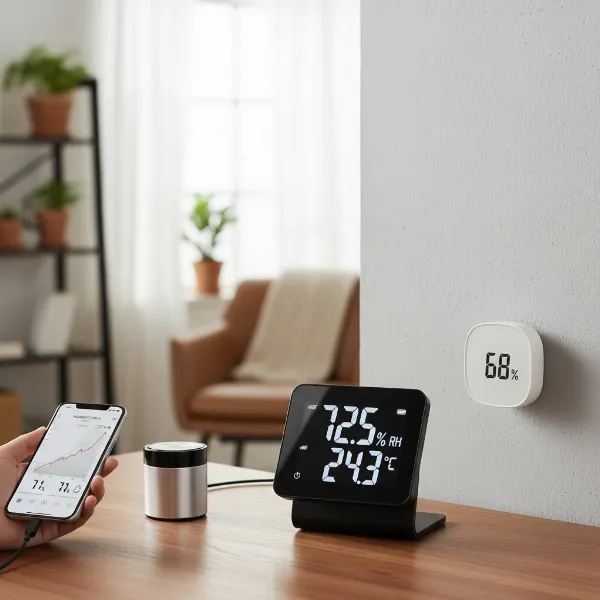 Different types of digital hygrometers including desktop, wall-mounted, and smart portable models on various surfaces.