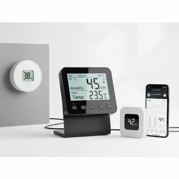 Different types of digital hygrometers including desktop, wall-mounted, and smart portable models