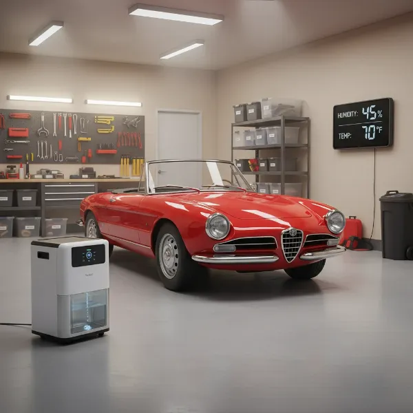 A classic car inside a garage with a dehumidifier and digital hygrometer working together for optimal climate control.