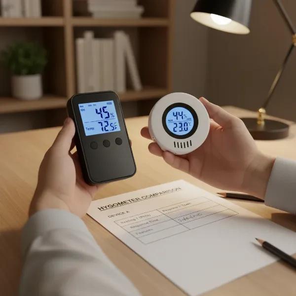 A person comparing different digital hygrometer models with a checklist, representing a buying decision