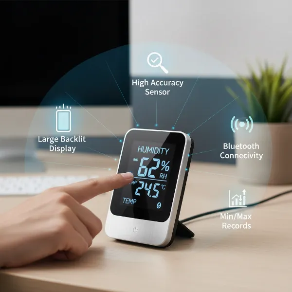 A person pointing to a digital hygrometer display in an office, with infographic elements highlighting features like 'Accuracy,' 'Display,' and 'Connectivity' as a buying guide