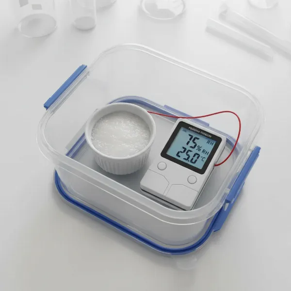 Someone performing a salt test to calibrate a digital hygrometer, with a sealed container, salt solution, and the device inside, realistic style