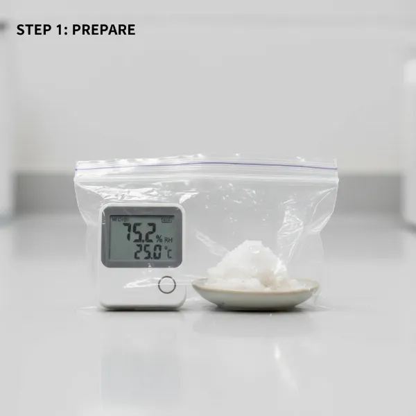 Digital hygrometer undergoing a salt test for calibration in a sealed bag.