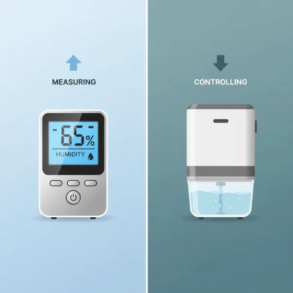 An illustrative split image contrasting a digital hygrometer measuring humidity on one side with a dehumidifier actively removing moisture on the other.