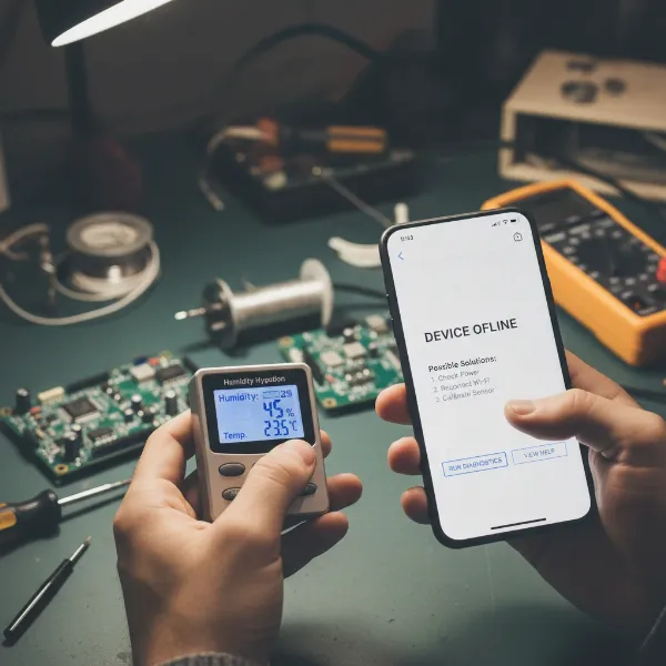 A person troubleshooting a digital hygrometer, holding it next to a smartphone displaying an app interface in a workshop setting