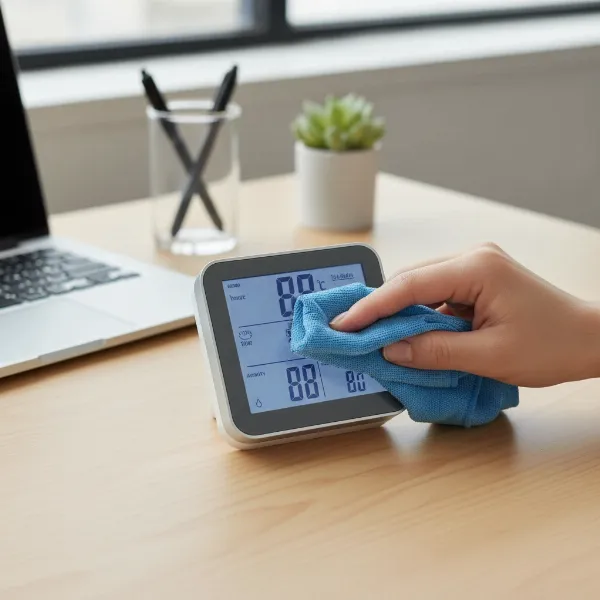 A hand cleaning a digital hygrometer on a desk with a soft cloth, illustrating proper maintenance, with other desk items blurred in the background.