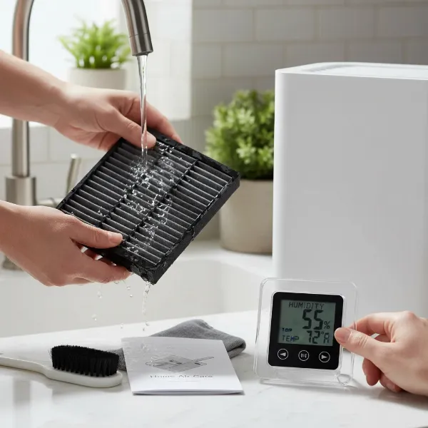 Close-up shot of hands cleaning a portable dehumidifier filter, with another hand adjusting settings on a digital hygrometer nearby.