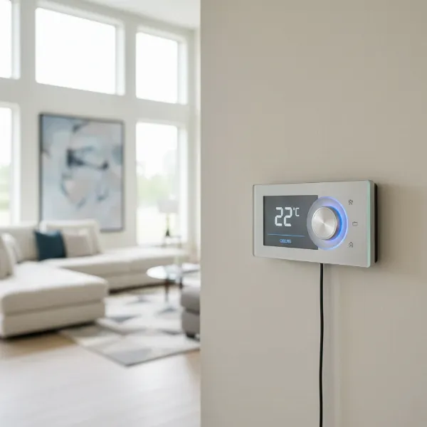 Modern smart thermostat on a wall displaying temperature and offering intuitive control