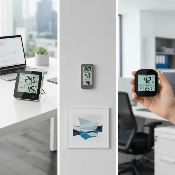 Different types of digital hygrometers for office use, including desktop, wall-mounted, and handheld models
