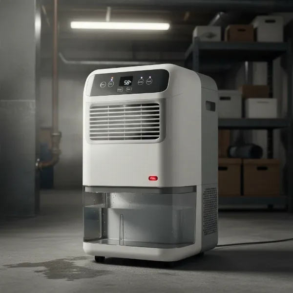 A contemporary portable dehumidifier actively running in a slightly damp basement corner, with visible water reservoir and controls.