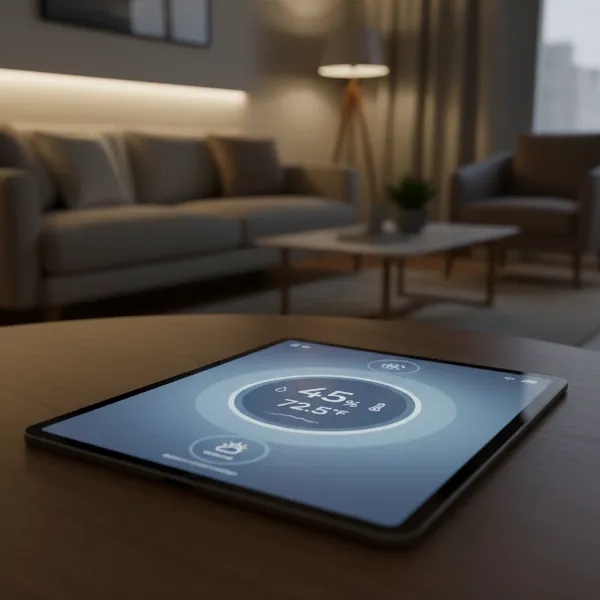 Digital hygrometer displaying temperature and humidity on a modern smart home dashboard on a tablet