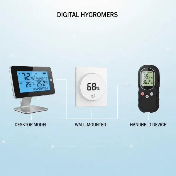 Assortment of digital hygrometers including desktop, wall-mounted, and handheld models