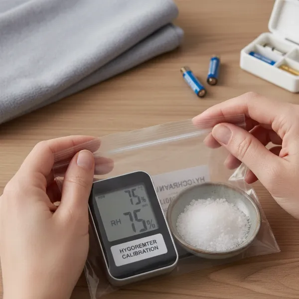 Person performing a salt test for hygrometer calibration, with maintenance tools nearby