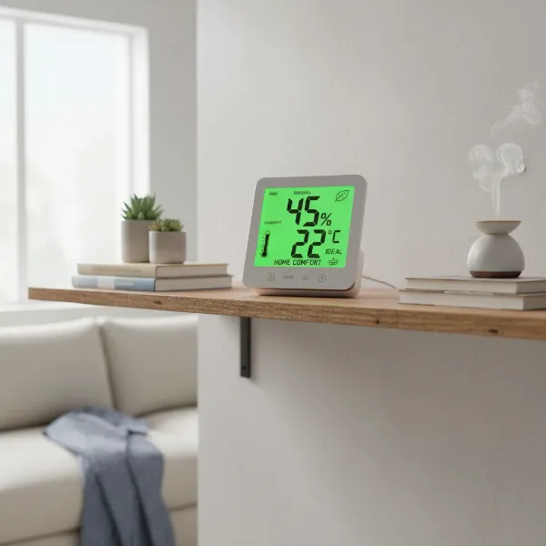 A digital hygrometer prominently displayed in a well-maintained home, symbolizing control and comfort